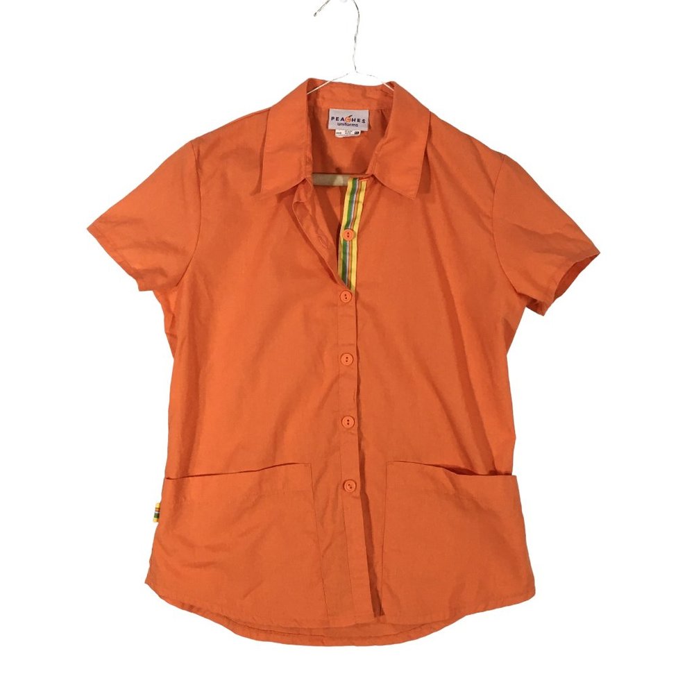 Peaches Uniforms Orange Short Sleeve Button Front Shirt, Scrubs Top, Pockets XS